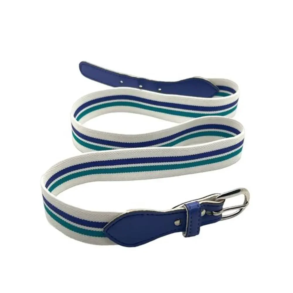 Women’s Size 12 Teal & Purple Striped White Cotton Belt 32” Silver‎ Buckle Y2K